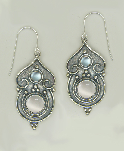 Sterling Silver Gothic Inspired Drop Dangle Earrings With White Moonstone And Blue Topaz